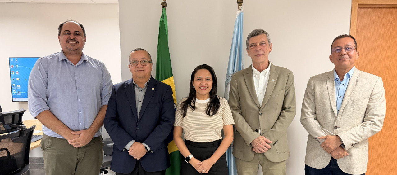 Quatro homens e uma mulher em pé pousando para uma foto