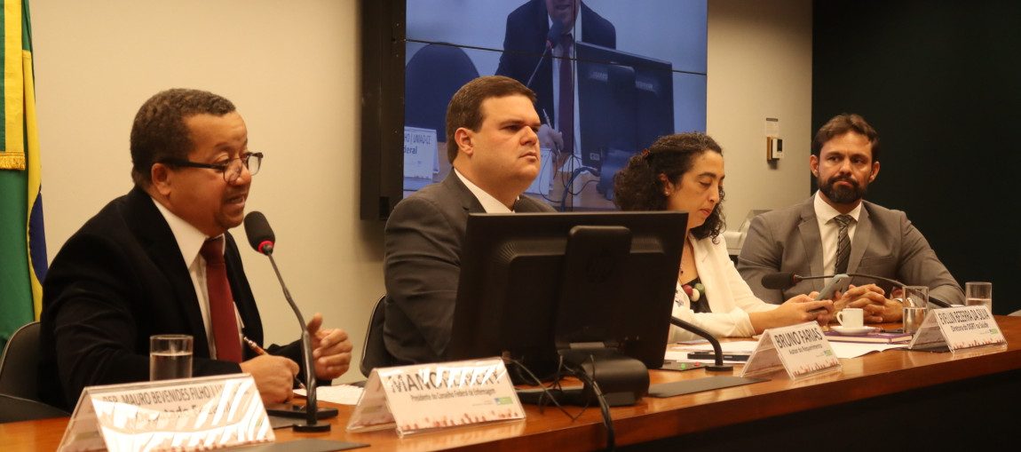 Quatro pessoas sentadas em um plenário. Uma delas está falando no microfone